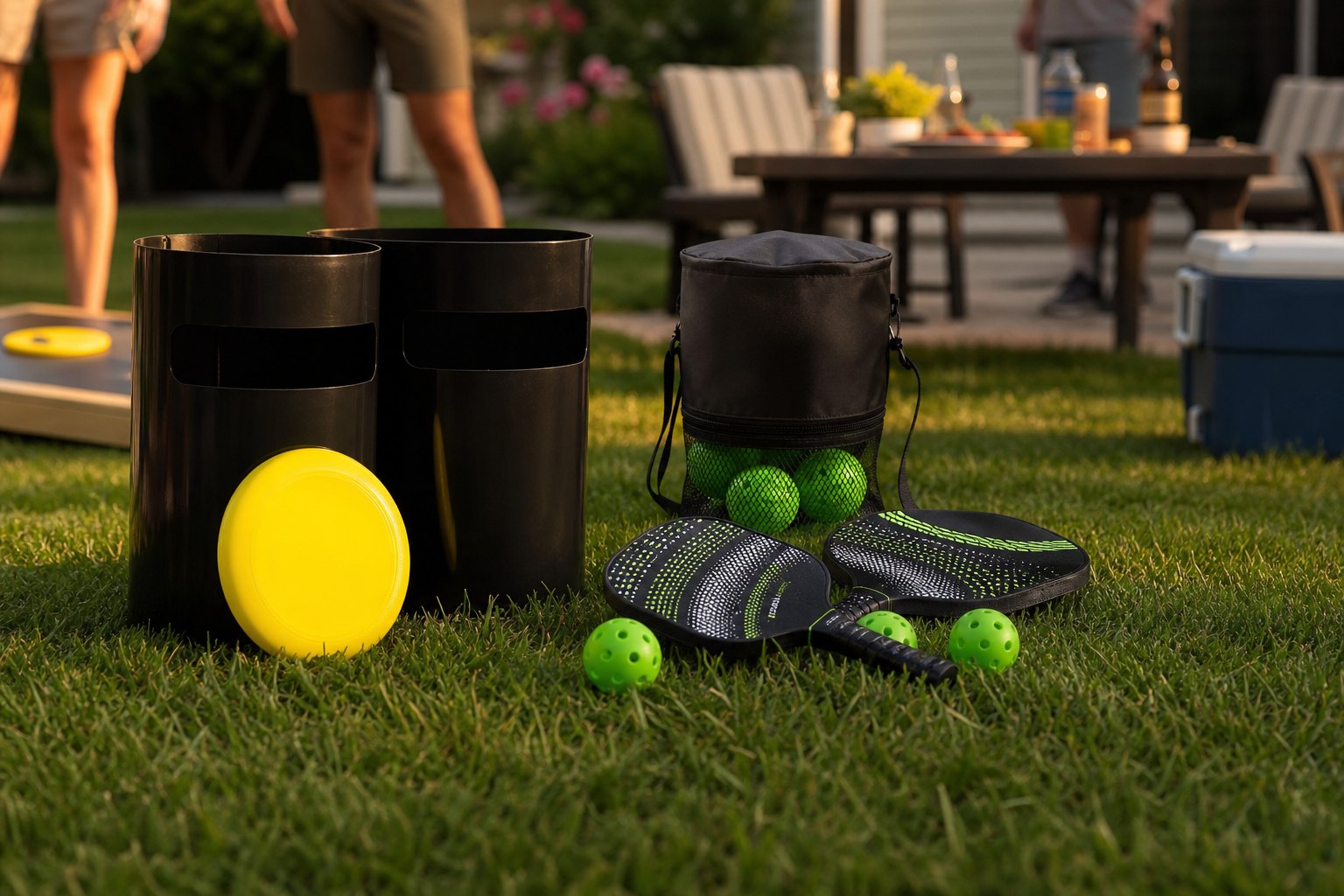 Backyard outdoor game setup with disc toss and pickleball gear