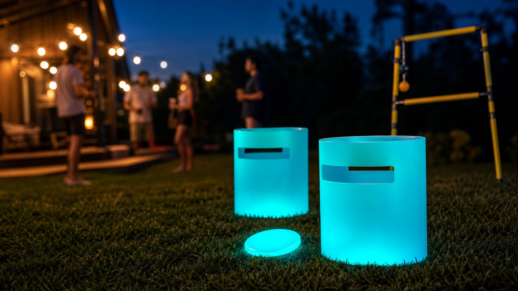 Illuminated outdoor game set glowing on a lawn at night