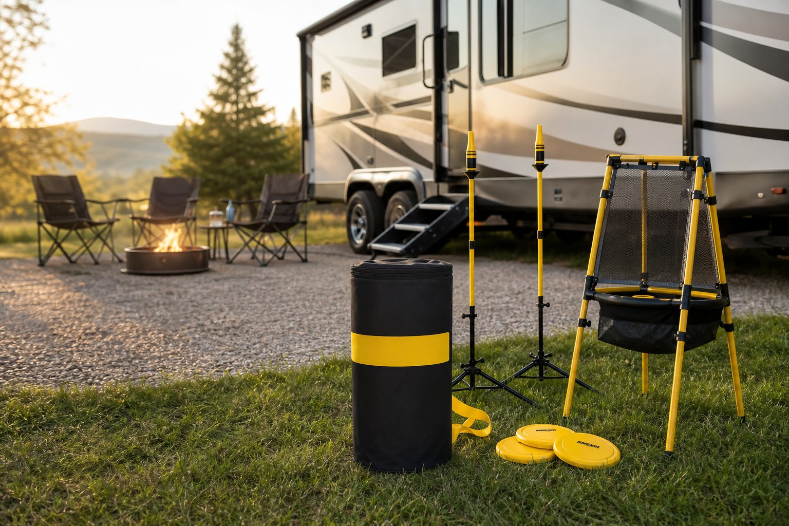 Portable outdoor game gear at an RV campsite